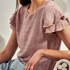 White + Warren Heathered Pink Ruffle Sleeve Knit Tee